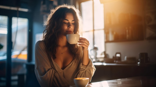 Un retrato cautivador de una muchacha disfrutando de café caliente en una acogedora fotografía de cocina