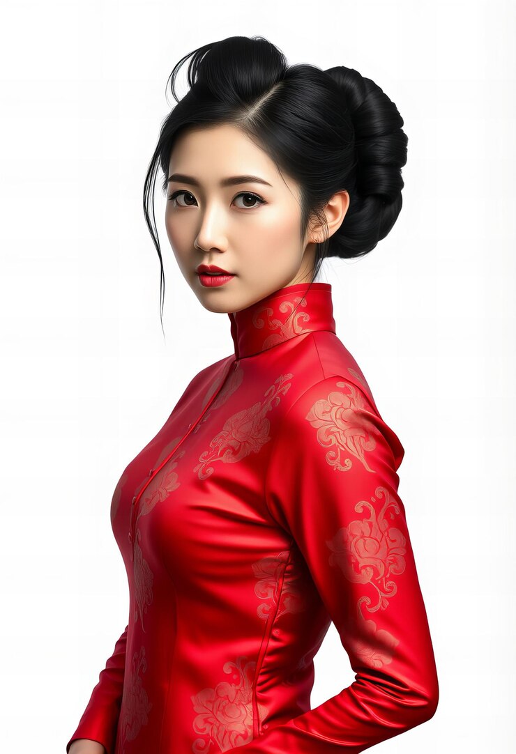 Retrato cautivador de una mujer china con un qipao rojo cabello negro elegante tranquila y equilibrada