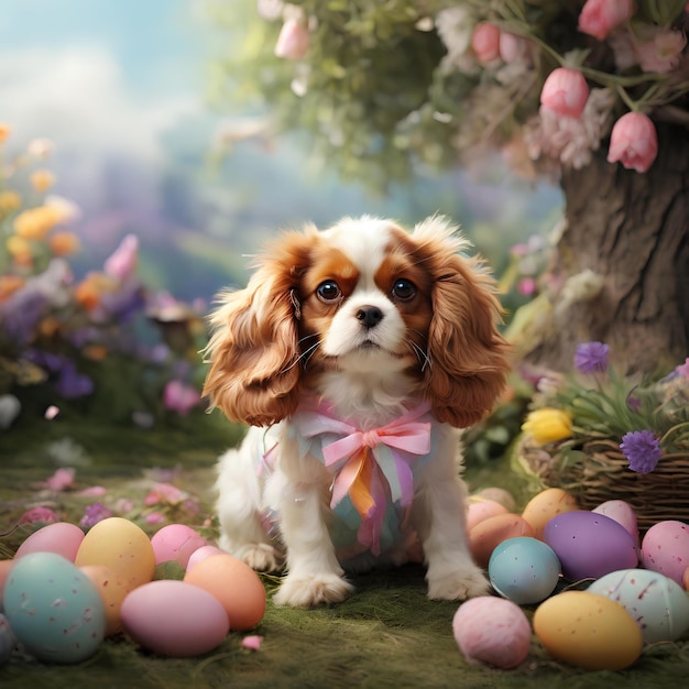 retrato de un Cavalier King Charles Spaniel adornado con un disfraz de conejo de Pascua