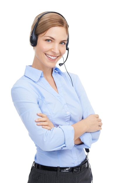 Retrato del centro de llamadas y mujer en el estudio para telemarketing contáctenos marketing o telecomunicaciones Mujer orgullosa consultora trabajadora de atención al cliente o empleada del centro de llamadas sonrisa en la cara sobre fondo blanco