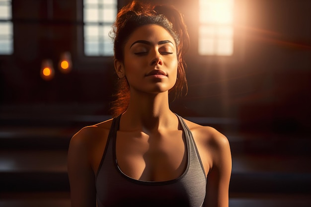 Un retrato de cerca de una atractiva mujer deportiva toma un respiro antes de continuar entrenando en el gimnasio