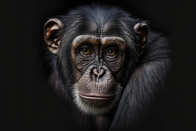 Retrato de cerca Los chimpancés miran hacia adelante y están solos en un fondo negro