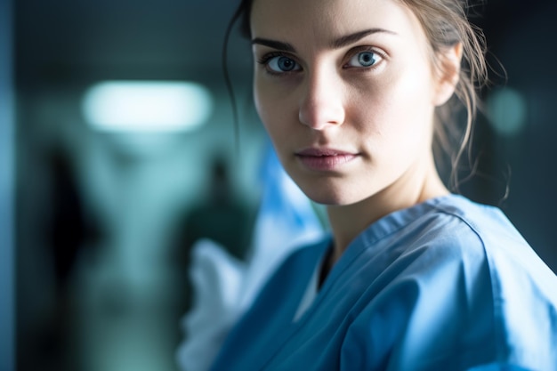 Retrato de cerca de una enfermera de hospital, una mujer caucásica, una doctora en uniforme de atención médica.