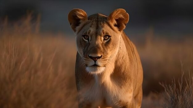 Retrato de cerca feroz carnívoro hembra león mirando fijamente o mirando a la cámara en el fondo del desierto de la sabana