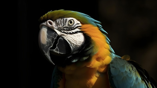 Un retrato de cerca de la hermosa cabeza de pájaro papagaio amarillo azul