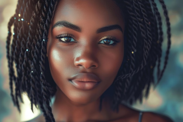 Retrato de cerca de una hermosa mujer afroamericana con un peinado moderno