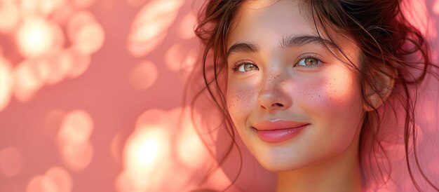 Retrato de cerca de una hermosa mujer joven con el pelo largo y marrón