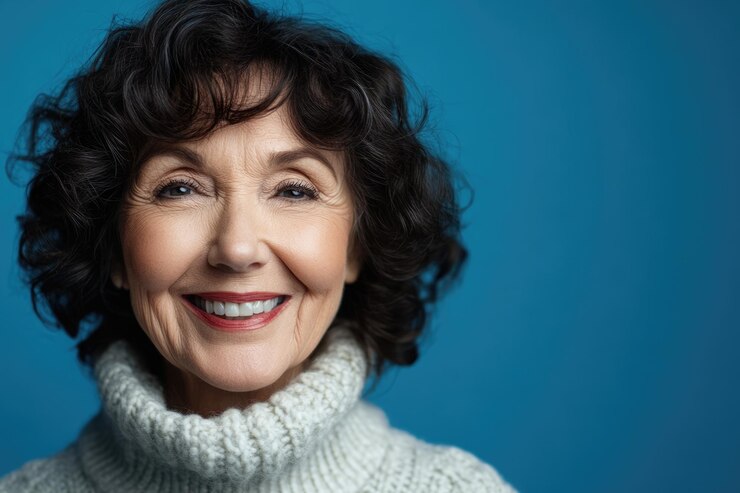 Retrato de cerca de una hermosa mujer mayor sonriendo con suéter sobre fondo azul