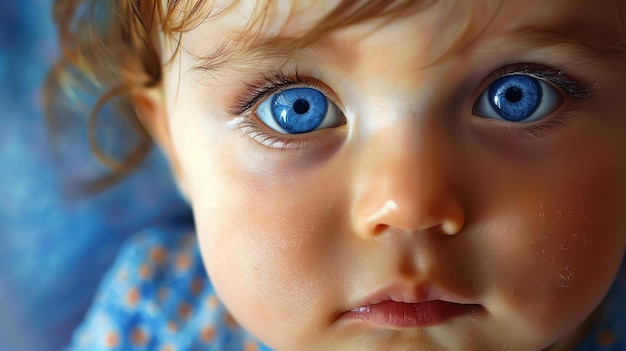 Un retrato de cerca de un hermoso bebé con grandes ojos azules la piel del bebé es suave y lisa