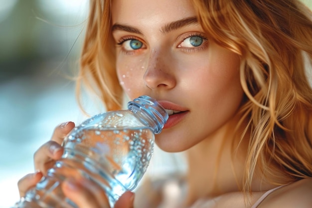 Foto retrato de cerca de una mujer joven y hermosa bebiendo agua