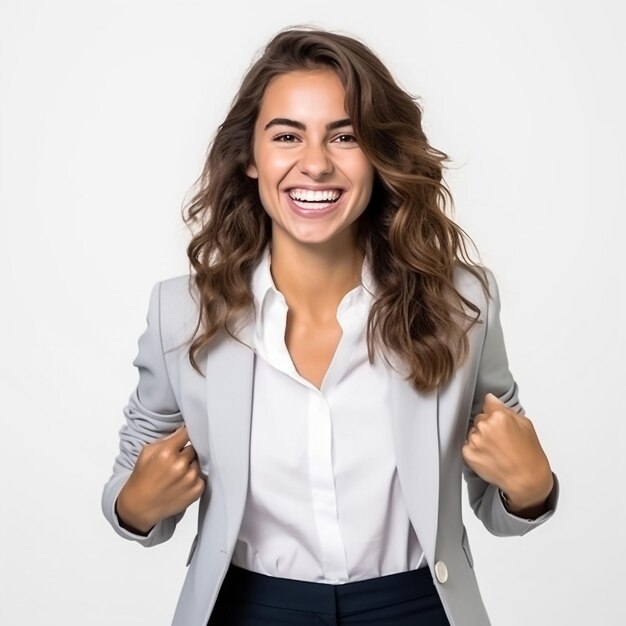 Foto retrato de cerca de una mujer sincera, sonriente y atractiva con dientes blancos mirando a la cámara aislada, cabello largo y rizado, blusa blanca, elegante estilo de negocios, emoción positiva feliz, maquillaje de labios rojo