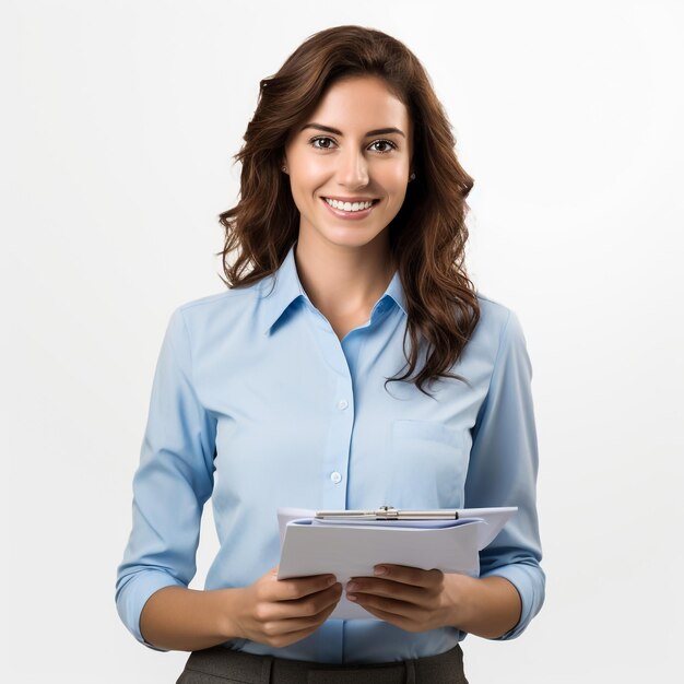 Foto retrato de cerca de una mujer sincera, sonriente y atractiva con dientes blancos mirando a la cámara aislada, cabello largo y rizado, blusa blanca, elegante estilo de negocios, emoción positiva feliz, maquillaje de labios rojo