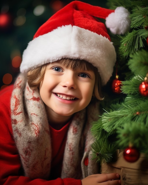 Un retrato de cerca de un niño sentado frente a un árbol de navidad imagen de navidad ilustración fotorrealista