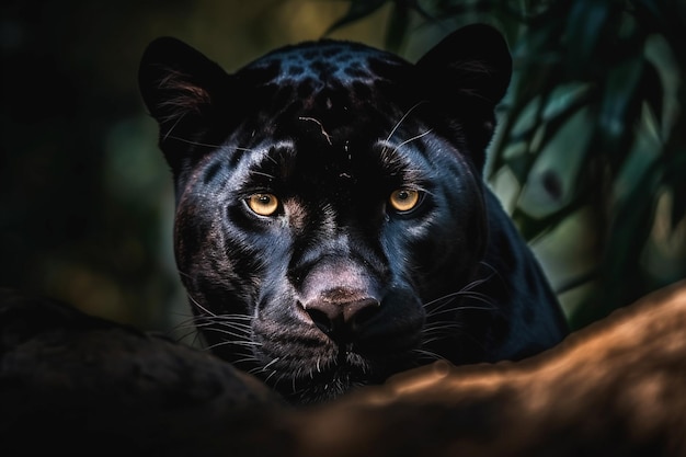 Foto retrato de cerca de la pantera negra de malasia o el leopardo melanístico en la selva