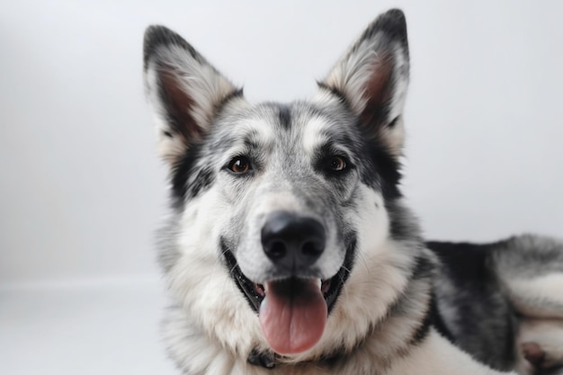 Retrato de cerca un perro gris lindo y gracioso sonriendo sobre un fondo blanco aislado una hermosa foto de perro