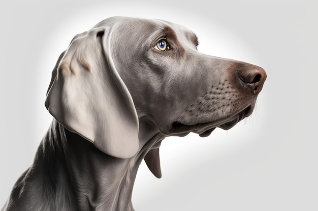 Retrato de cerca de perro Weimaraner de perfil sobre fondo degradado blanco