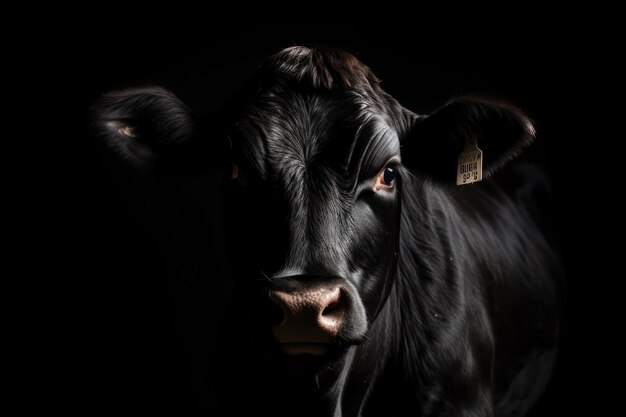 Un retrato de cerca de una vaca negra mirando a la cámara centrada en el fondo negro espacio de copia horizontal de imagen grande