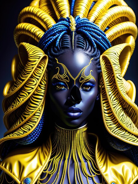 Un retrato cercano de una chica negra en un traje multicolor al estilo de Wakanda Generado por IA