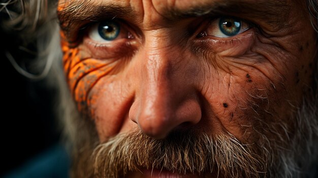 retrato cercano de un hombre guapo con barba y cara negra sobre un fondo gris