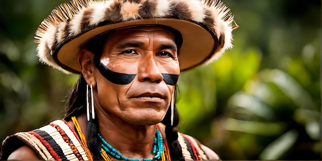 Retrato cercano de un indio nativo masculino con cara pintada de América del Sur