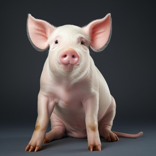 Retrato de un cerdo animado sobre un fondo gris oscuro