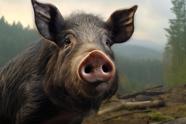 Retrato de un cerdo divertido en el primer plano del bosque