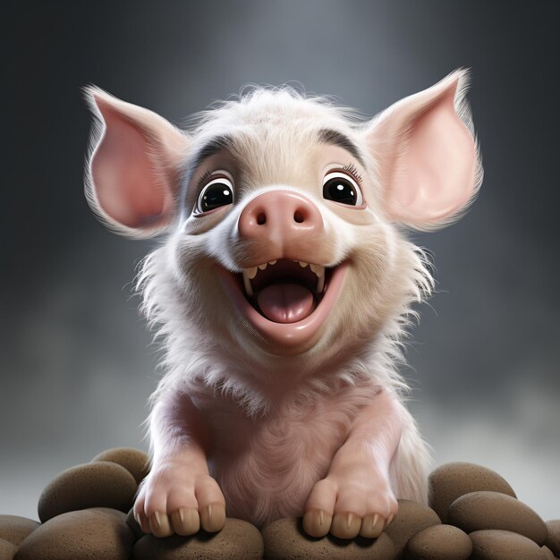 Retrato de un cerdo feliz, sorprendido, gracioso, la cabeza de un animal asomando, renderización en 3D en estilo Pixar Ilustración