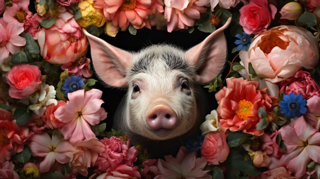 Foto retrato de un cerdo rodeado de hermosas flores