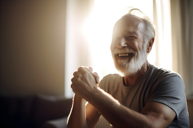 Retrato cerrado de un anciano haciendo ejercicios de estiramiento durante una sesión de yoga pacífica en casa