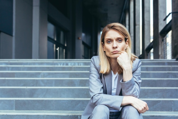 Retrato cerrado de una mujer de negocios triste y disgustada sentada cansada en las escaleras del edificio de oficinas