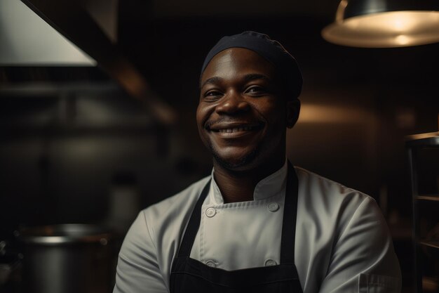 Retrato de un chef afroamericano trabajando en una cocina profesional generativa ai