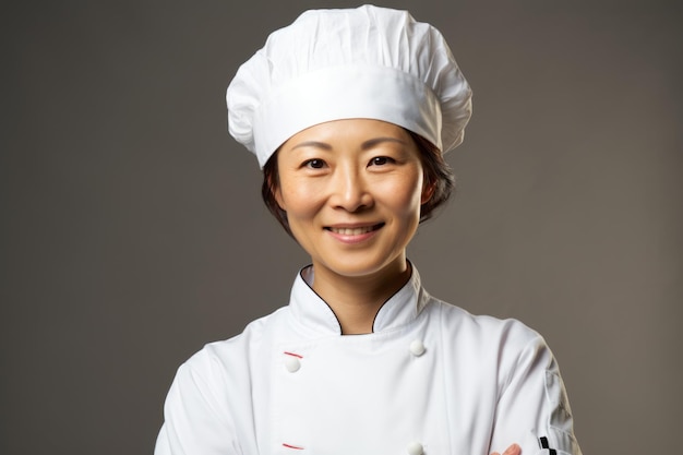 Retrato de una chef asiática sonriente con un sombrero de chef blanco y un abrigo de chef blanco