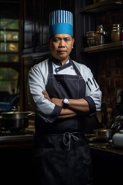 Retrato de un chef asiático con los brazos cruzados