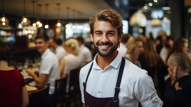 Retrato de un chef caucásico sonriente en un restaurante ocupado