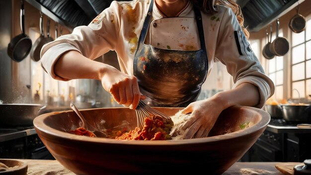 Retrato de una chef con un cuenco mezclando de cerca