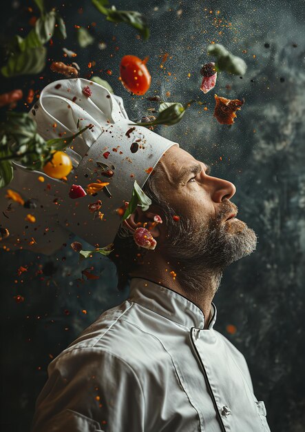 Retrato de un chef europeo contra un telón de fondo gris con muchas verduras voladoras IA generativa