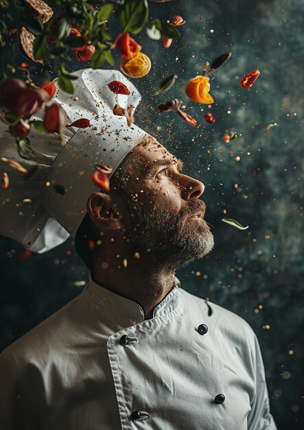 Retrato de un chef europeo contra un telón de fondo gris con muchas verduras voladoras IA generativa