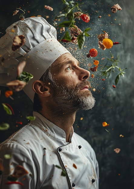 Retrato de un chef europeo contra un telón de fondo gris con muchas verduras voladoras IA generativa