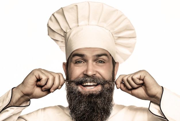 Retrato de un chef feliz cocinero Sombrero de cocinero Chef barbudo cocinero o panadero Chefs masculinos barbudos aislados en blanco Chef divertido con barba cocinero Barba hombre y bigote con delantal babero Hombre pañal