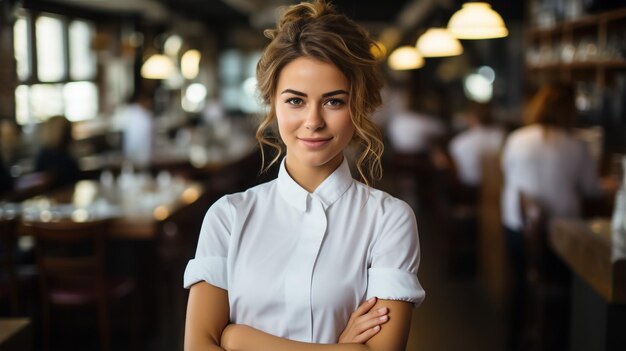 Retrato de un chef feliz de pie en la cocina con la mano en la cadera