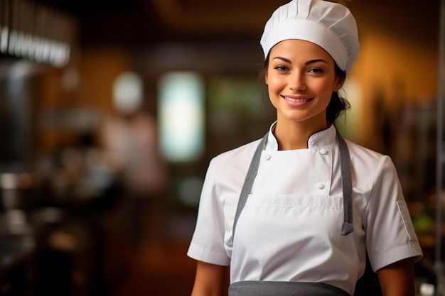 Retrato de una chef en un fondo de cocina Una mujer con un sombrero de chef y un delantal