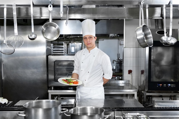 Retrato de un chef masculino presentando platos de pescado