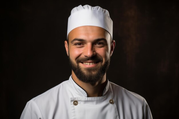 Retrato de un chef masculino con un toque blanco sonriendo a la cámara