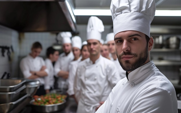 Foto retrato del chef de pie frente a su equipo en una cocina comercial