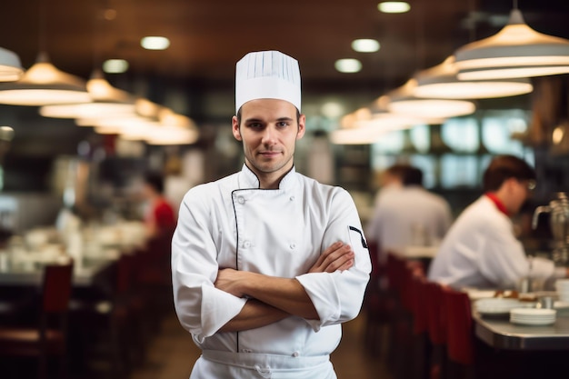 Retrato de chef profesional con fondo de restaurante