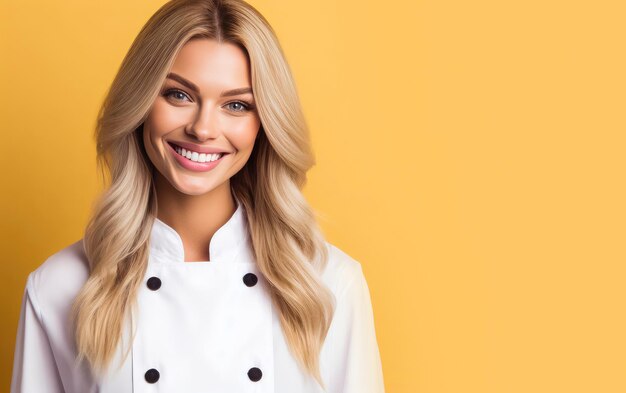 Retrato de una chef rubia sonriente aislada sobre un fondo amarillo Copiar espacio para anuncios de texto