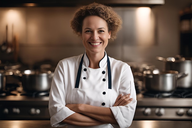 Retrato de una chef sonriente con las manos cruzadas en la cocina
