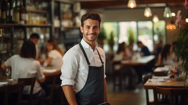 Retrato de un chef sonriente en un restaurante ocupado