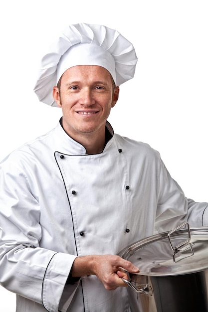 Foto retrato de un chef sonriente sosteniendo un recipiente