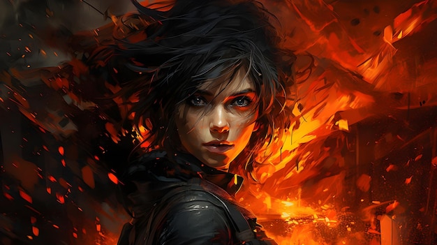 Retrato de una chica de acción con algo de fuego de fondo.